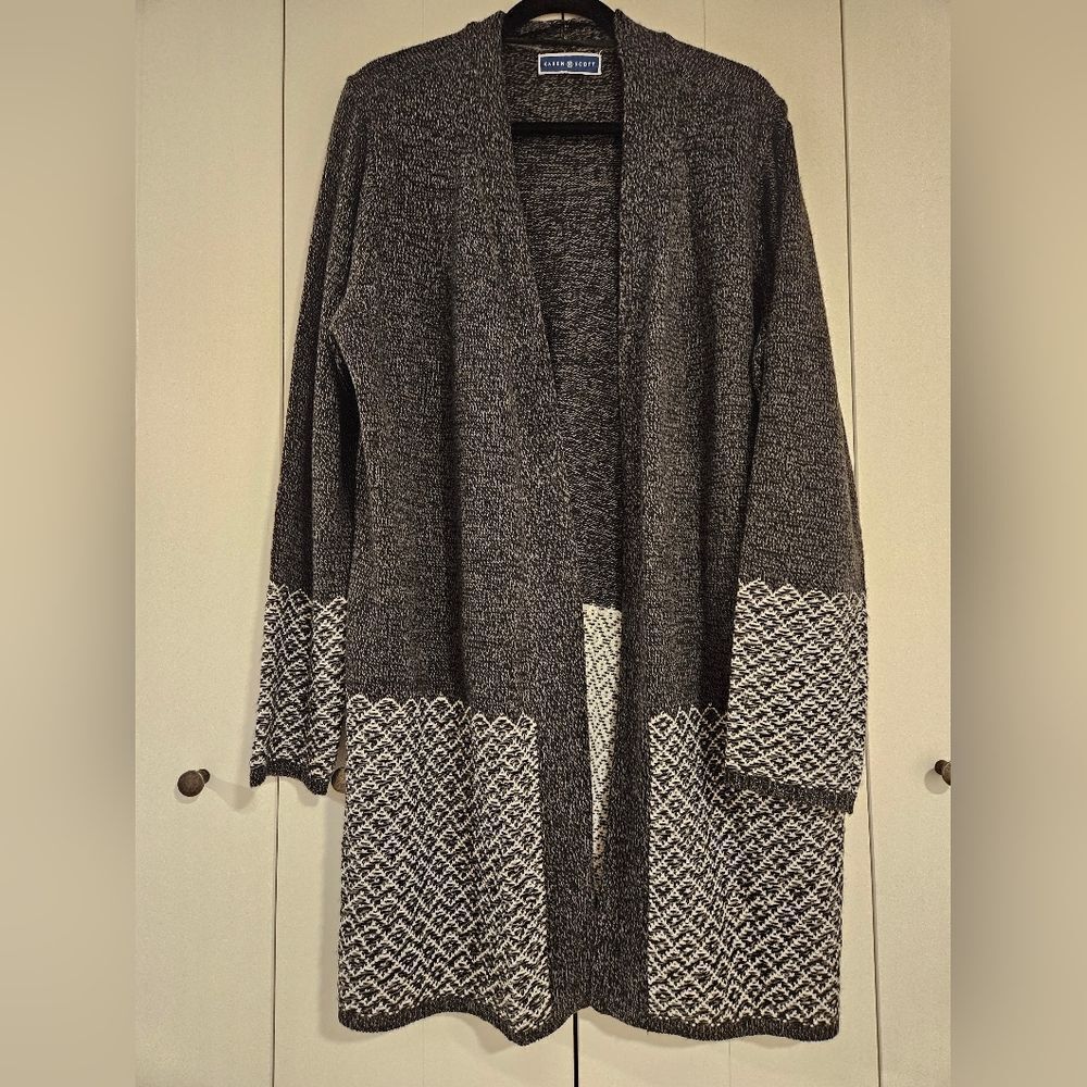 Knit oversized Cardigan cozzy warm gray and white Karen Scott Plus Size NWOT